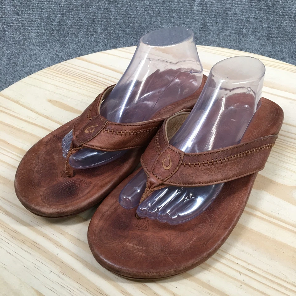 Sandalias OluKai Hombres 12 Marrón Hiapo Chanclas Tanga Cuero Puntera Informales Planas Foto 3 de 4