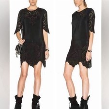 Ulla Johnson Delphine Dress 4 Raven Black 100% Silk Eyelet Embroidery Drop Waist