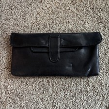 Vintage clutch, genuine leather, black Inside Zipper Snap Closure