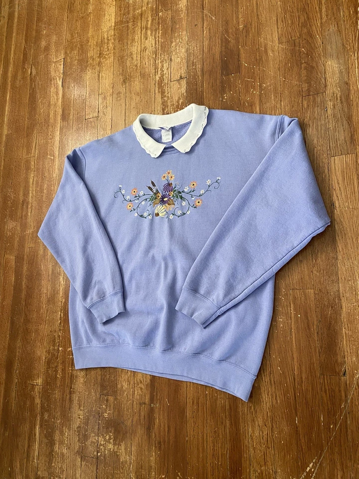 Sudadera Grande Vintage Bordada Floral Cottagecore Cuello Púrpura Abuela Foto 3 de 4