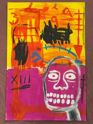 Basquiat painting drawing on old paper signed stamped