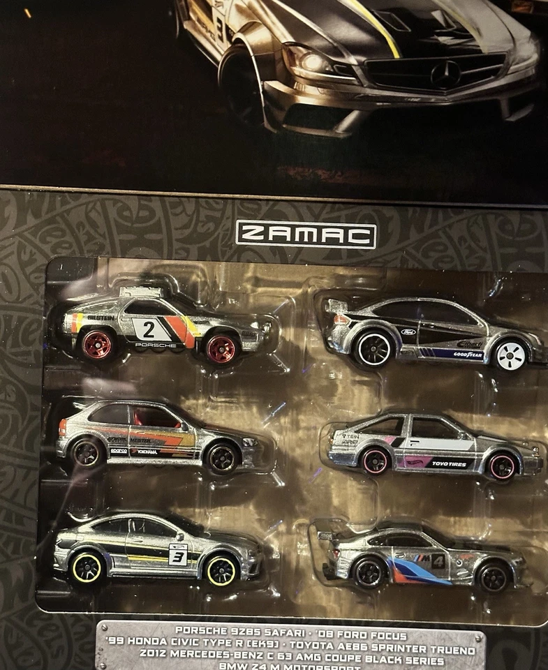 NOVO 2025 Hot Wheels Zamac 6 pacotes caixa conjunto com c63, 928s, z4 m, foco, civic&trueno - Imagem 2 de 3