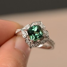 Green Sapphire Ring Cushion Cut Gemstone Ring Sterling Silver Wedding Ring