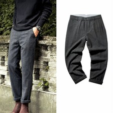 Men Wool Blend Pants Herringbone Tweed British Retro Straight Trousers Casual