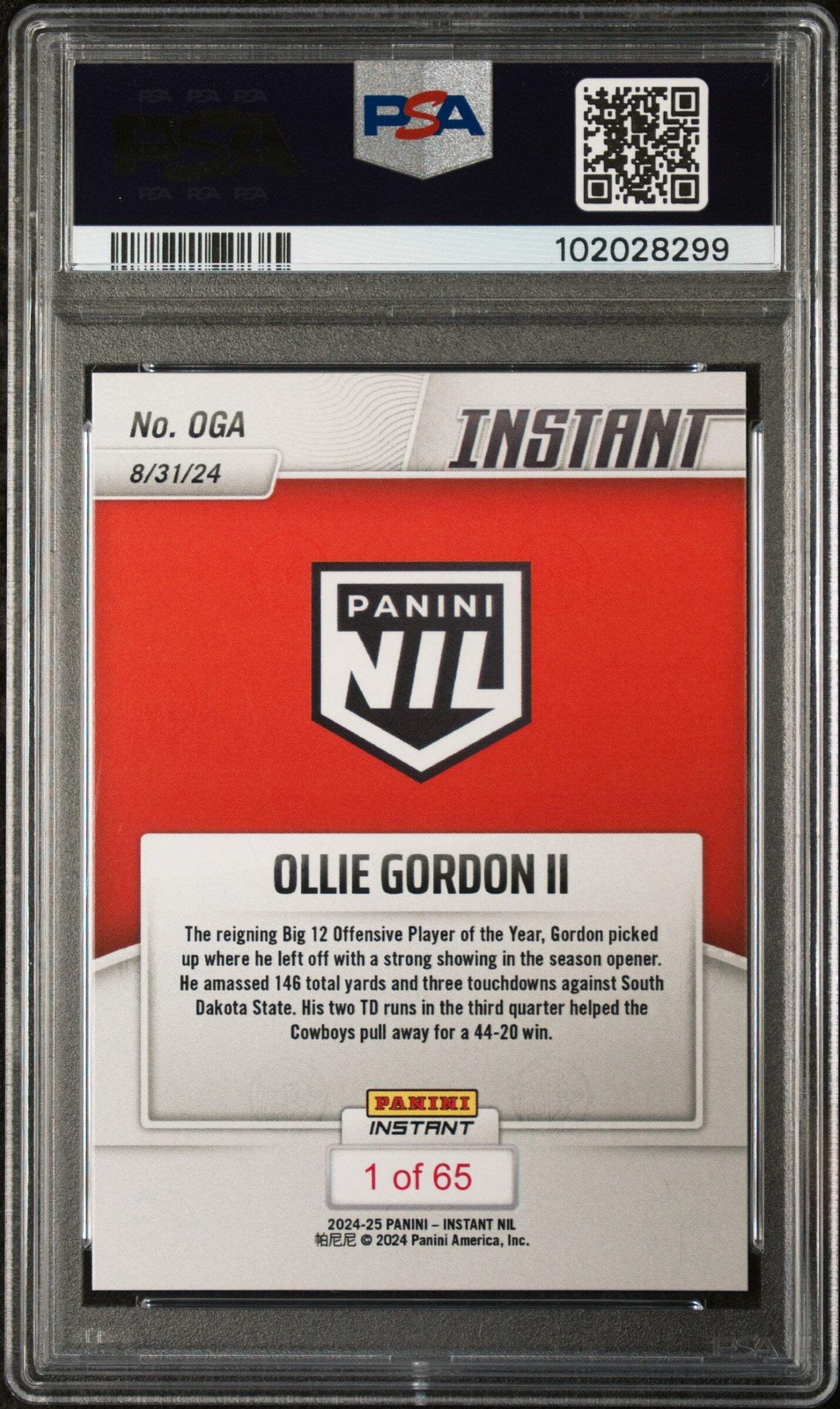 Graded 2024 Panini Instant NIL Ollie Gordon II #OGA Rookie Football Card PSA 10 view 2