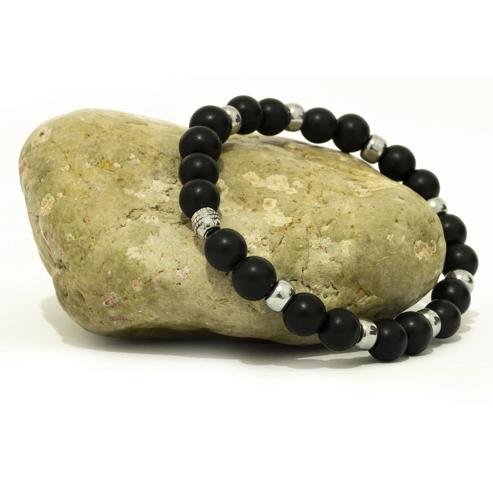 Braccialetto bracciale elastico da uomo nero pietra ONICE anelli ACCIAIO regalo - Immagine 3 di 4