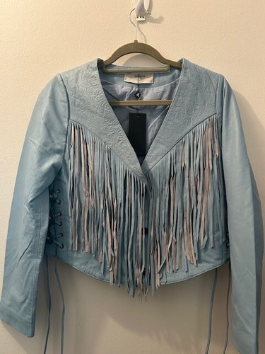 One Teaspoon WANDERER Fringed Baby Blue Dream Short Lined Leather Jacket NWT XS - Picture 15 of 24