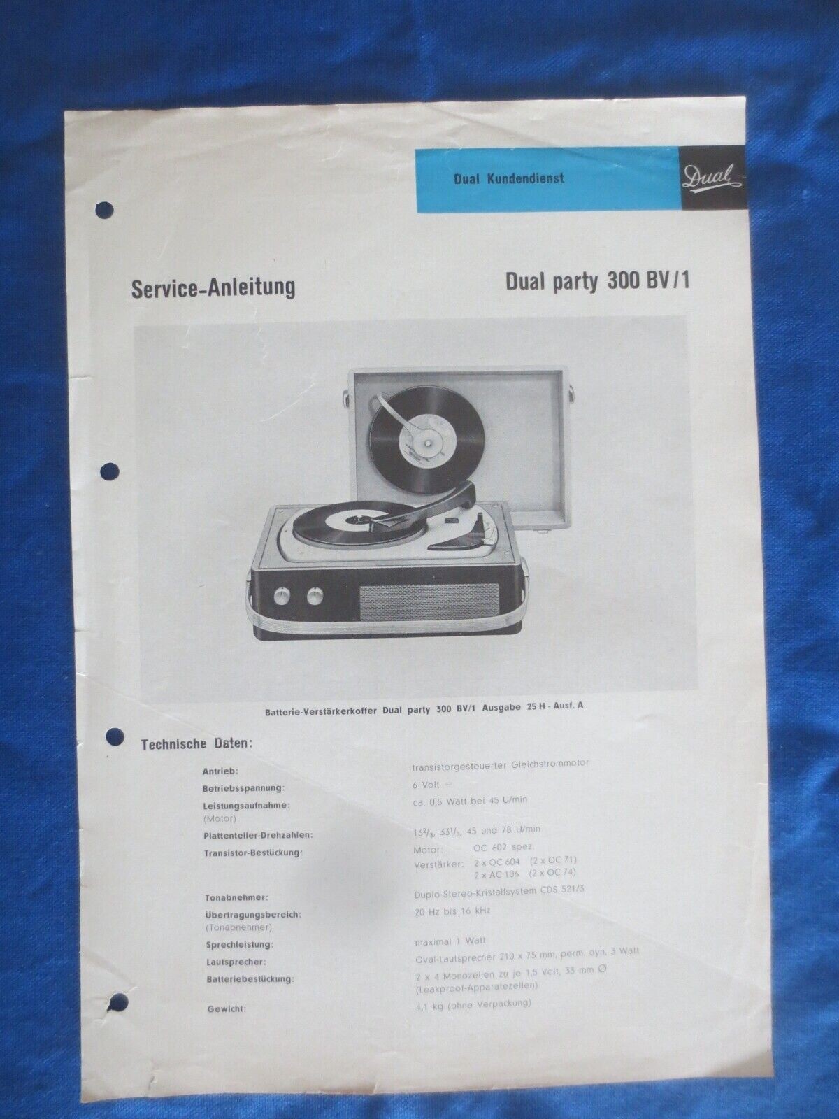 Dual Party 300 BV/ 1 Turntable Service Manual Schematic Factory Original German 