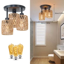 3-Light Semi Flush Mount Ceiling Light Farmhouse Rattan Pendant Lamp Fixture NEW
