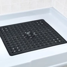 Large Non-Slip Shower Mat with Drain Holes: Black Square Shower Mat
