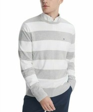 Tommy Hilfiger Men's Silver Signature Rugby Striped Crew-Neck Pullover Sweater