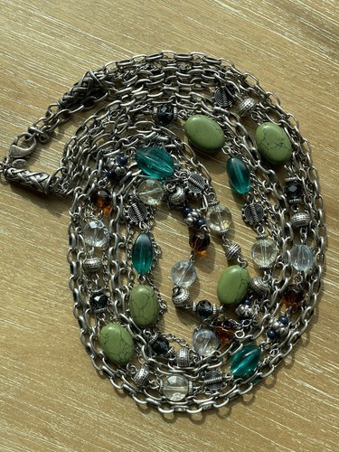 Premier Designs Multi Strand Chain Silver Tone Green Stone Long Necklace. B
