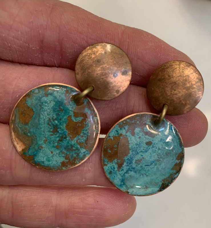 Artisan Aged Copper Round Disk Earrings Turquoise Patina Dangle Handmade