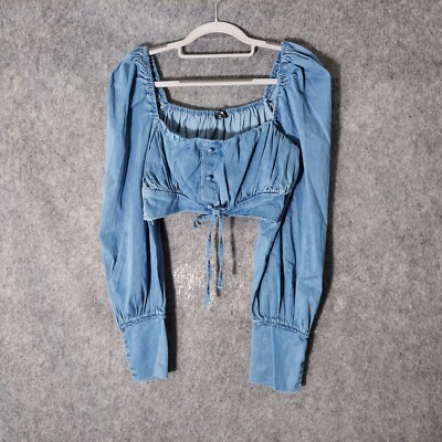 Fashion Nova Top M Chambray Milkmaid Cropped Long Puff Sleeve Button Light Wash