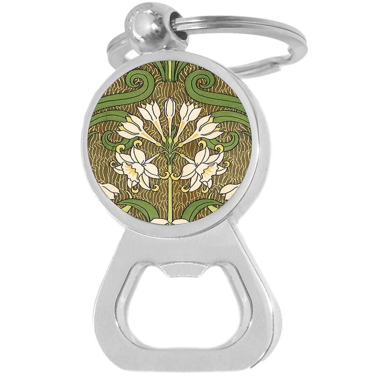 Art Nouveau Floral Bottle Opener Keychain - Metal Beer Bar Accessory Keyring