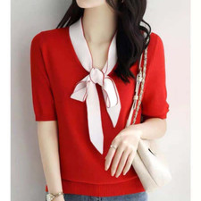 Women Knitted Sweater Bow Short Sleeve V-neck T-shirt Pullover Top Summer