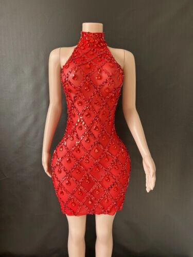 Women Sexy Stage Shining Rhinestone Sequins Dress Evening Prom Birthday Dress - Picture 9 of 41