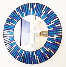 Round mosaic wall mirror blue & purple ray design, hand made in Bali, 40cm-NEW