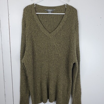 Natural Reflections Sweater Earthy Pea Green V Neck Cableknit