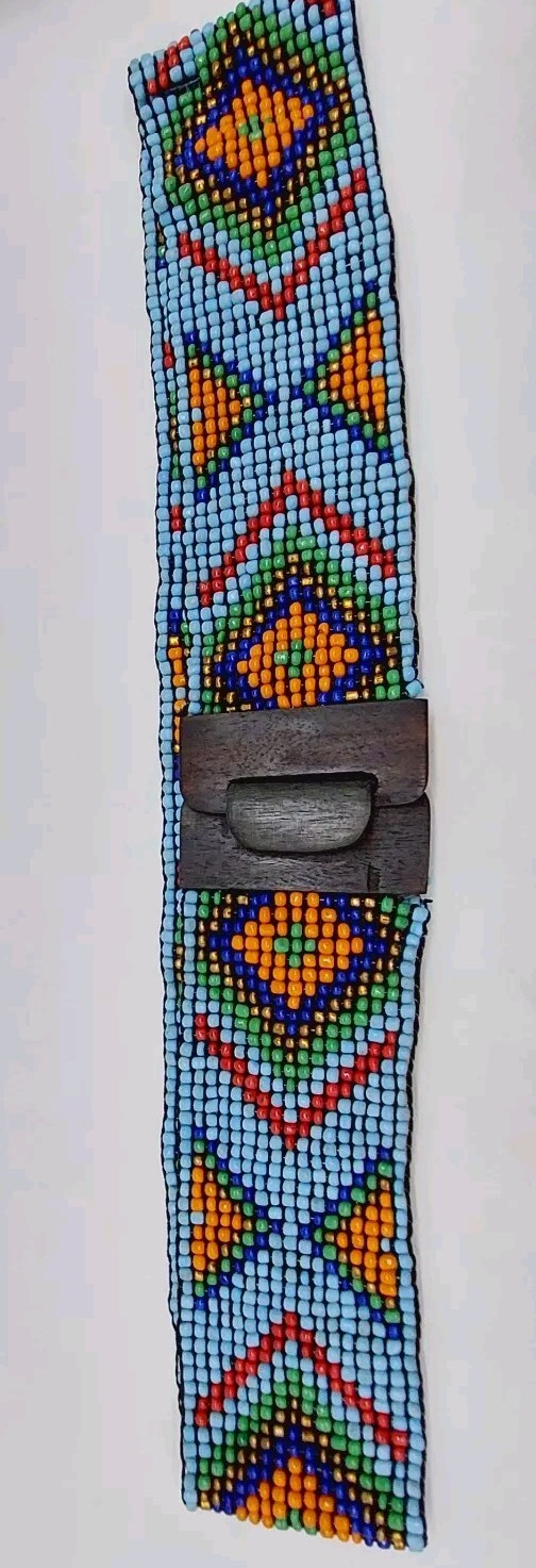 Southwest Blue Beaded Wide Stretch Belt with Wooden Clasp Multi-Colored Design