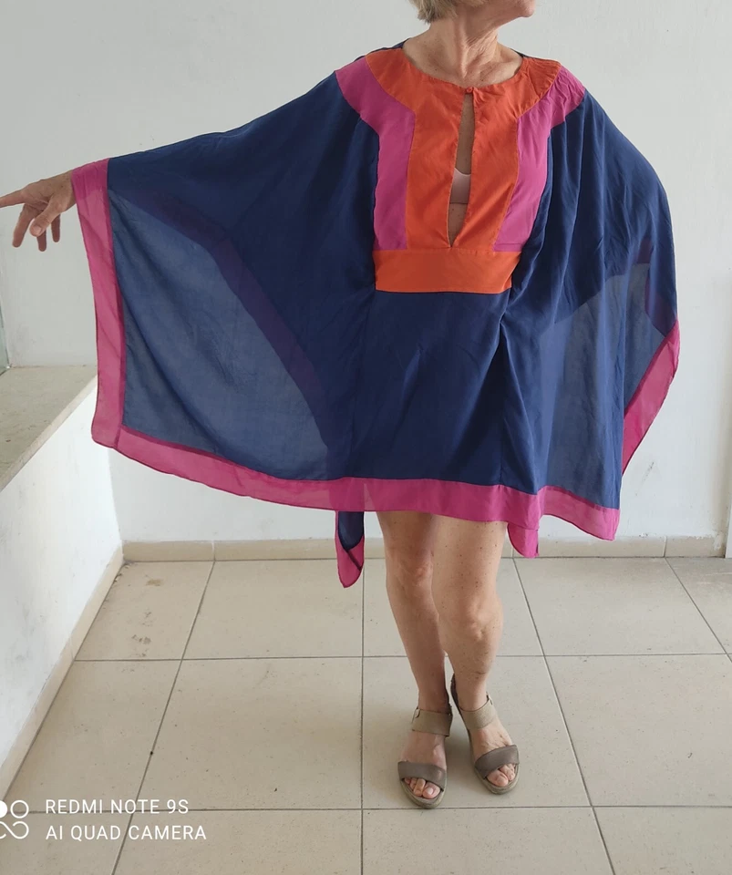 Israel GOTTEX Women Silk Oversized Violet Pink Shirt Kimono Tunic Belted Sz.M - Image 2 of 3