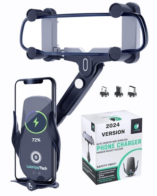2in1 Rear View Mirror Phone Holder + Wireless Car Charger 360 Rearview Mirror...