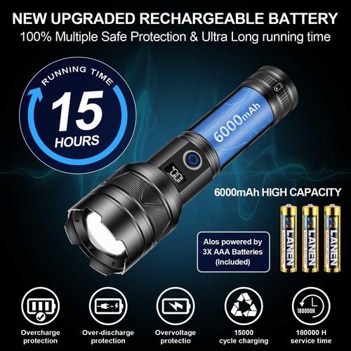 Torce Ricaricabili 2000 Alti Lumen, Lungo Raggio 5000ft, Super Luminose LE... - Foto 8 di 9