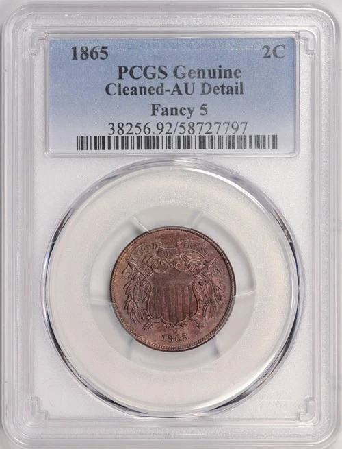1865 Fancy 5 PCGS Choice AU Details Two Cent Piece, Some Luster and Red, No Res! - Image 3 of 4