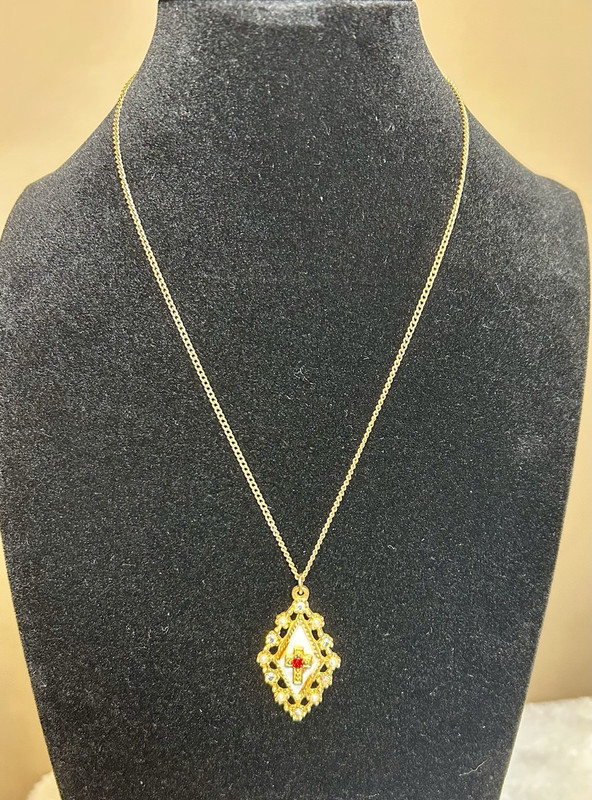 Vintage Cross Pendant Necklace with Red Stone & Rhinestone Accents