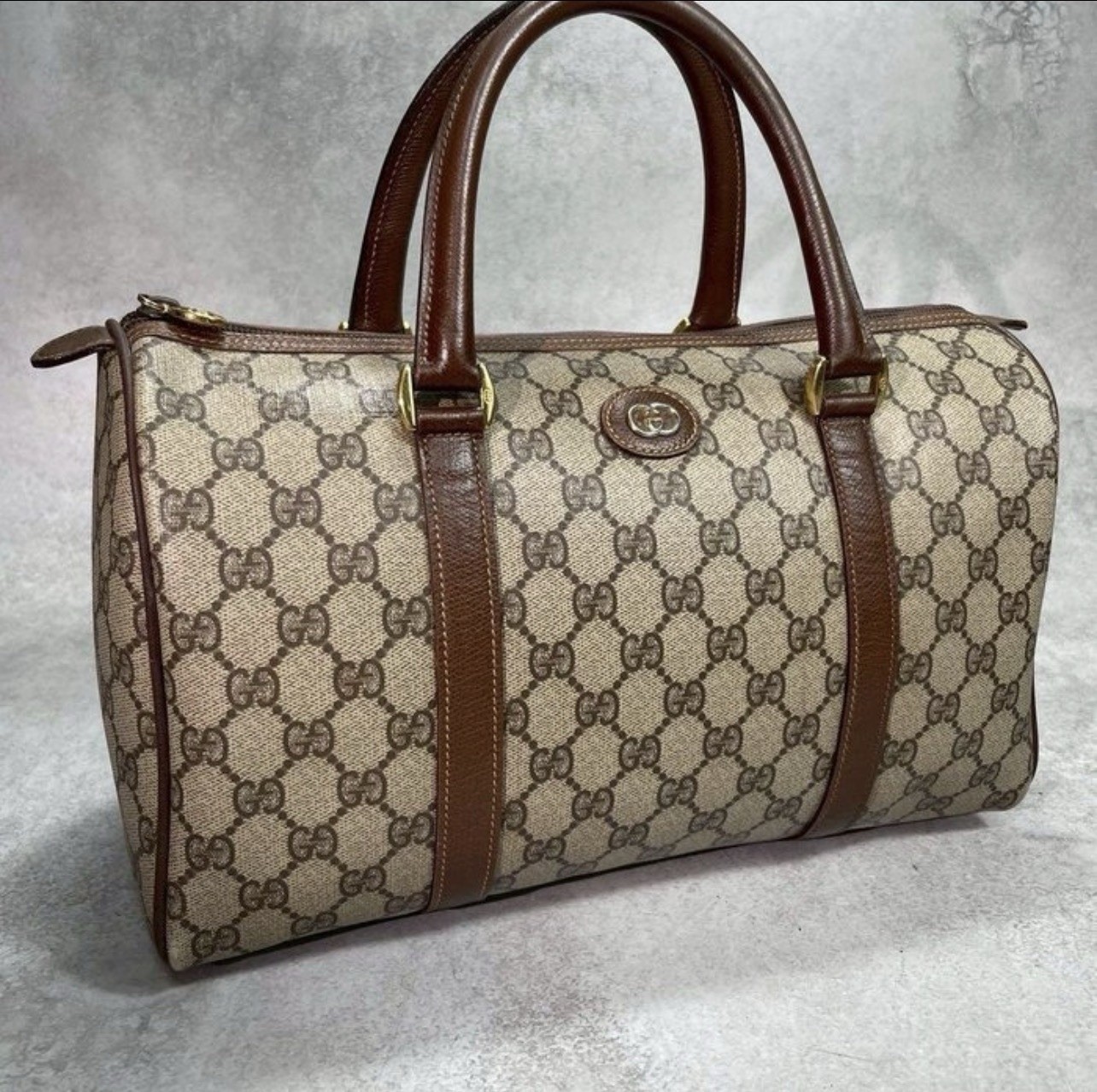 Gucci GG Monogramm Reisetasche Duffle Beige/Braun Leder ohne Rollen Vintage
