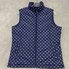 Lands End Vest Womens Small Jacket Blue White Polka Dot Full Zip Puffer Pockets