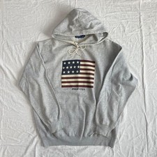 Ralph Lauren 90s Flag Hoodie Vintage Gray Patriotic Pullover Americana Hooded