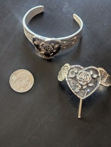 Decorative Hammered Pewter Set Pony Tail Cover And Bracelet Heart Design