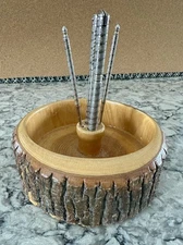 Vintage Rustic Looking Tree Bark Nut Bowl With Nut Cracker and Picks