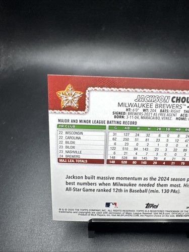 2025 Topps Holiday H182 Jackson Chourio Holiday Candy canne dos Ssp - Photo 2/4