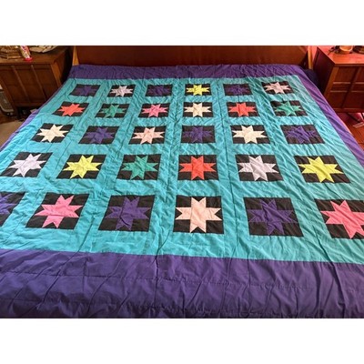 Vintage Handmade Patchwork Quilt King Size Hand Sewn Colorful Star Geometric