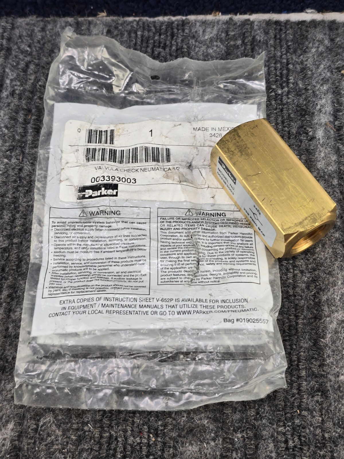 Parker 003393003 Brass Pneumatic Check Valve 1/2" NPT Female 250 PSIG #3426