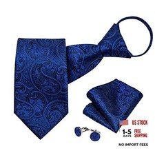 Silk Zipper Ties for Men,Paisley Solid Plaid Pre-tied Tie and Royal Blue
