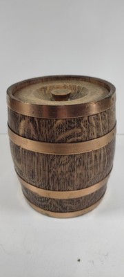 Vorratsfass aus kupfergebändertem Holz mit Deckel - 16 cm x 12,5 cm - Eiche?