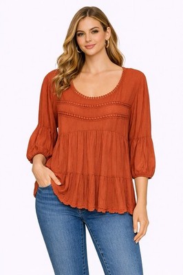 Farmers Market by One World Shift Blouse In Rust 100% Rayon Top Size PXL New NWT