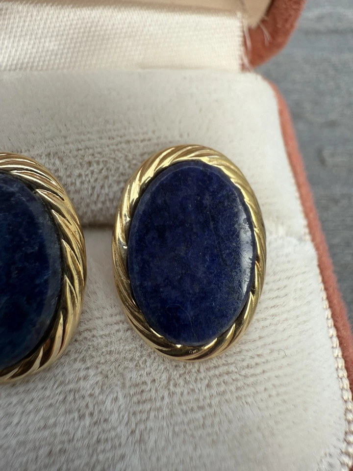 Vintage 14K Yellow Gold 1.5Cm by 1CmOval Lapis Lazuli Swirl Border Stud Earrings - Image 3 of 4