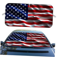 Car Windshield Sunshade - Folding Wavy USA Flag 59"L x 31.5"W American Flag