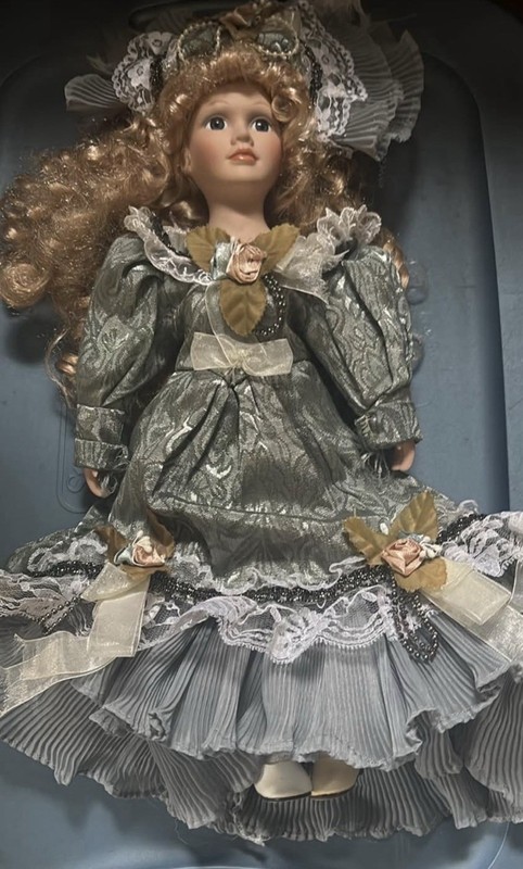 Victorian Porcelain Girl Doll Blonde Curly Hair Gray Lace Dress
