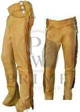 Men  s Western Cowboy Leather Pants Suede Leg Fringe Gold Brown Rodeo Biker Trous