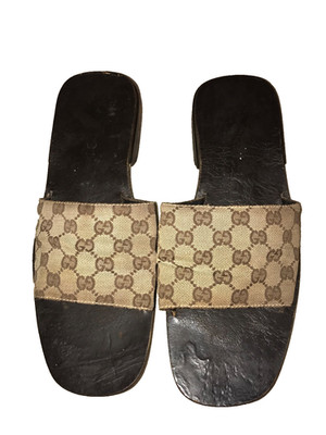 Vintage Gucci Tom Ford GG Brown Monogram Leather Sole Slides Sandals Size 46 E