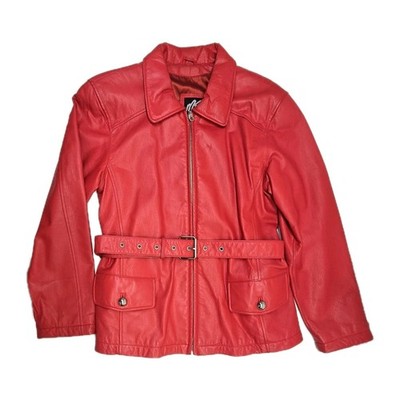  Vintage MS. MAXIMA 100% Genuine Red Leather Moto Jacket Belted Women s Medium