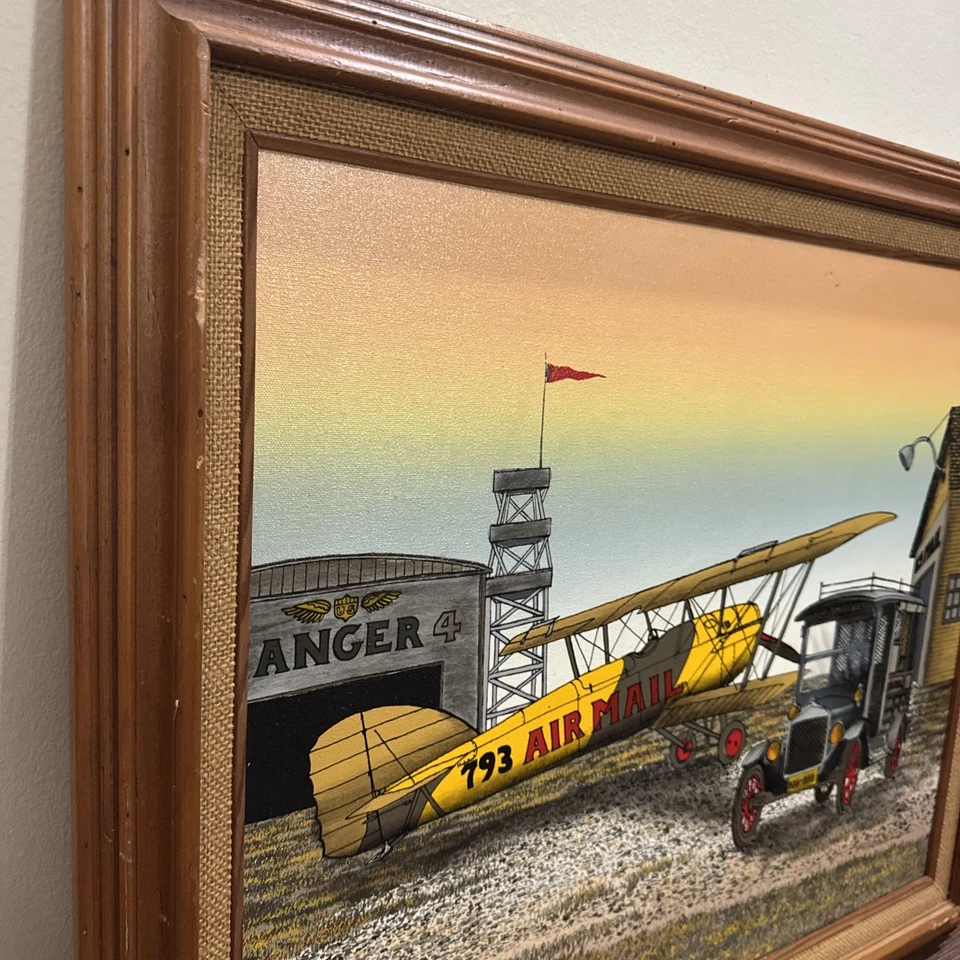 "Pintura al óleo enmarcada de H. Hargrove correo aéreo biplano en el hangar correo de Estados Unidos 29x25""" Foto 4 de 4