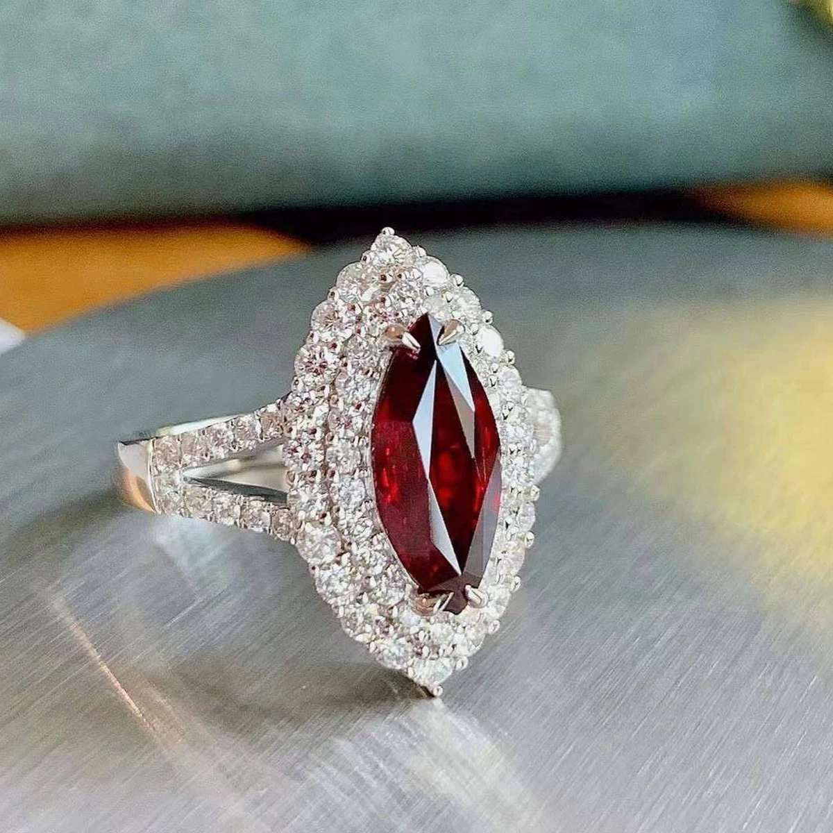 Marquise cut ruby sale and diamond ring