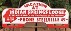 VINTAGE INDIAN SPRINGS LODGE 11” PORCELAIN SIGN OZARK CAMPING CAR PLATE TOPPER