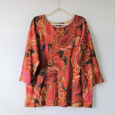 Jones New Yark Womens Orange Paisley Round Neck 3/4 Sleeve Tunic Top Size 1X